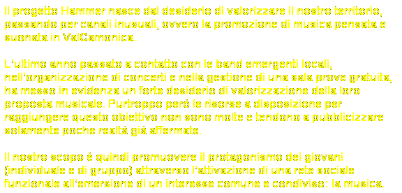 Casella di testo: Il progetto Hammer nasce dal desiderio di valorizzare il nostro territorio, passando per canali inusuali, ovvero la promozione di musica pensata e suonata in ValCamonica. 
Lultimo anno passato a contatto con le band emergenti locali, nellorganizzazione di concerti e nella gestione di una sala prove gratuita, ha messo in evidenza un forte desiderio di valorizzazione della loro proposta musicale. Purtroppo per le risorse a disposizione per raggiungere questo obiettivo non sono molte e tendono a pubblicizzare solamente poche realt gi affermate.
Il nostro scopo  quindi promuovere il protagonismo dei giovani (individuale e di gruppo) attraverso lattivazione di una rete sociale funzionale allemersione di un interesse comune e condiviso: la musica. 
